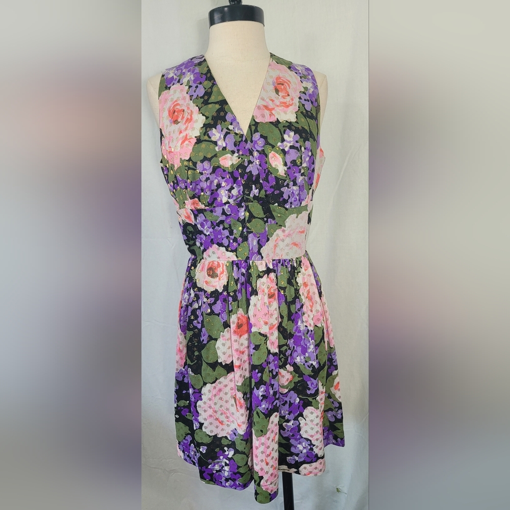 Vintage 70s California Sleeveless Spring Floral and Gold Lurex Cocktail Dress S
